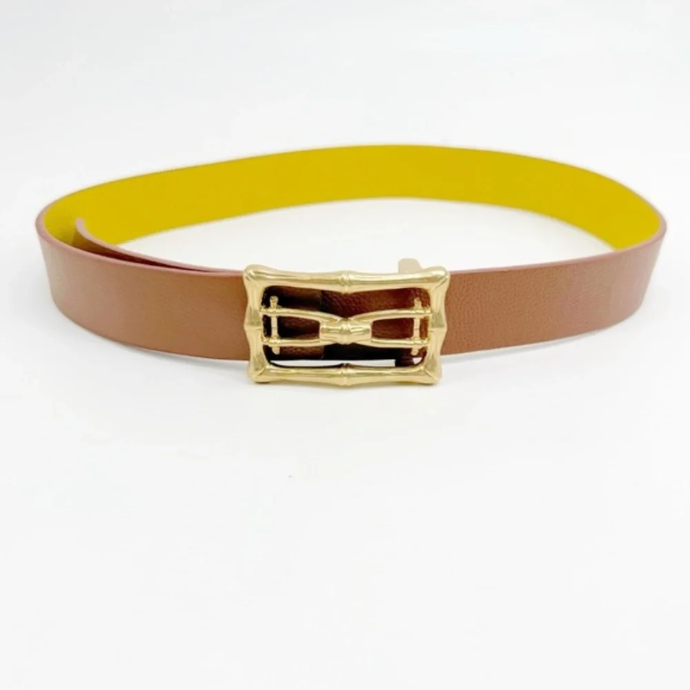 Reversible Yellow & Camel Belt With Oversized Gold Bamboo Buckle